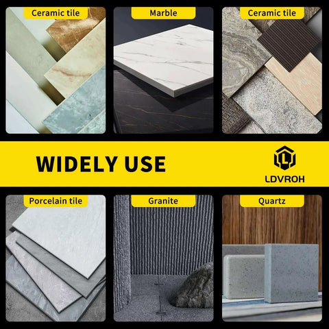 Assorted ceramic, porcelain, marble, granite, and quartz tiles showcasing various textures and colors.