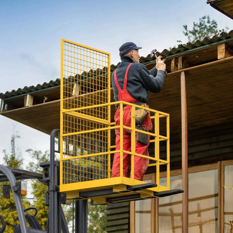 Worker using Heavy Duty Forklift Safety Cage 1400 Lb Work Platform Guard Rails Collapsible for roof repairs
