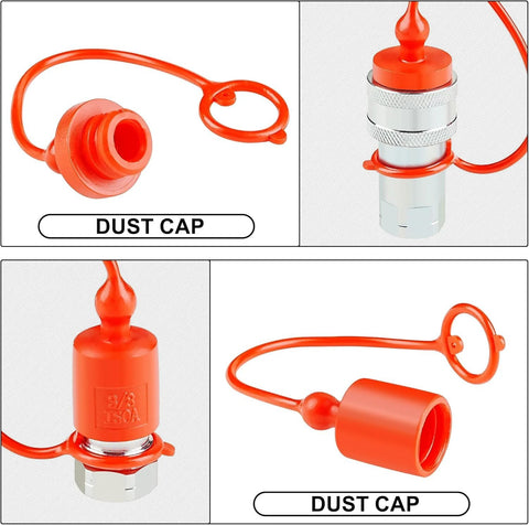 Hydraulic quick-connect dust caps, 3/8'' red plastic caps with metal knurled coupling; two caps shown