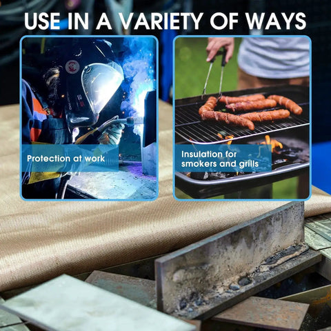 Heavy Duty Fiberglass Welding Blanket 2 Pack 4x6Ft Fireproof Insulation Mat One Third Inch Thick With Grommets For Welding And Grillin Heat Shield And Thermal Barrier in use for welding and grilling.