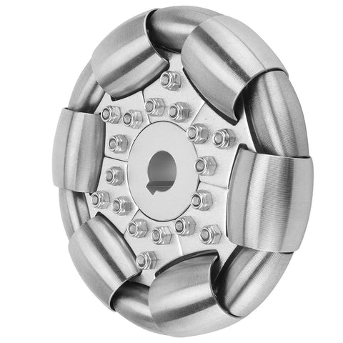 100mm Stainless Steel Omnidirectional Wheel for robotics and ballbots, showing multiple bearings and rollers for smooth movement.