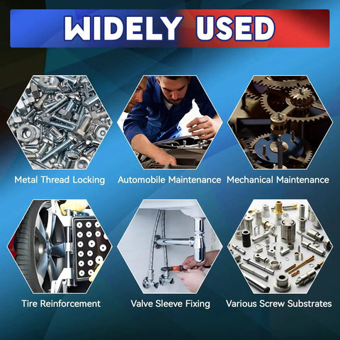 Hexagonal images showing metal thread locking, automobile maintenance, mechanical maintenance, tire reinforcement, and valve sleeve fixing.