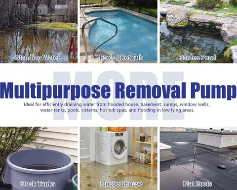 Green Expert sump pump showing six uses: standing water, pools, garden pond, stock tanks, flooded house, flat roofs