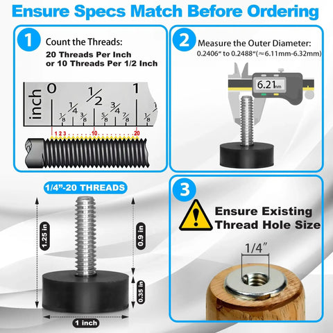 Diagram showing specs for 12 Pack All Rubber Quarter Inch 20 UNC Leveling Feet With Inserts For Table Chair And Stool Legs, Adjustable Height
