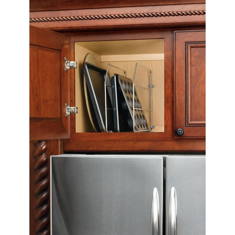 12 Inch Baking Sheet Organizer Rack for wall cabinet, chrome wire divider storing pans in a wooden kitchen cupboard