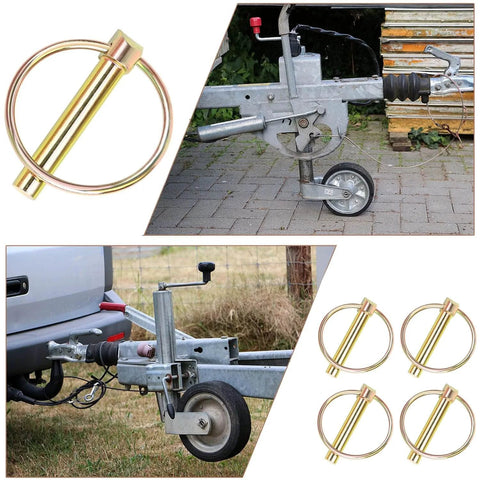 Heavy Duty Three Eighths By One And Three Quarters Inch Locking Trailer Gate Pin Set Built Tough With Zinc Plated Hitch Pins For Trailers Trucks Lawn Tractors And Agricultural Equipment Durable Rust Resistant Fasteners Four Pack, images show pin in use and set of four pins.