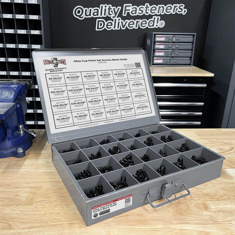 Open steel tray containing the Pro Grade Alloy Steel Cup Point Allen Socket Set Screw Kit In Black Oxide Finish, 1441 Piece Assortment.