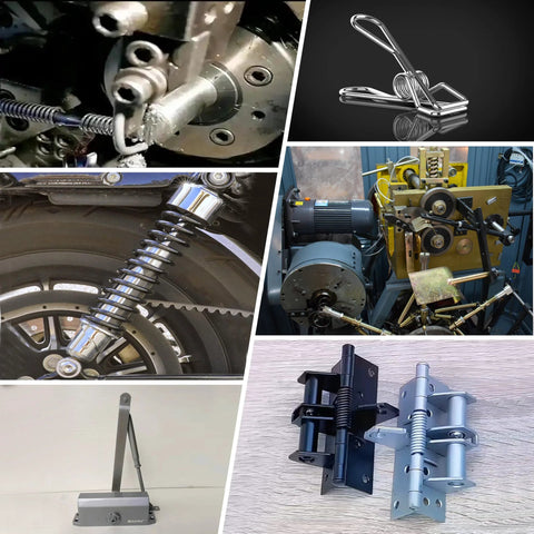 Stainless steel music wire spring being machined on a lathe, shiny coil visible
Stainless steel music wire spring clip, chrome finish, side view
Stainless steel coil spring for motorcycle rear suspension, chrome plated
Industrial metalworking machine with gears and rollers in a workshop
Adjustable stand with vertical rod and metal base
Mechanical hinge with coil spring and mounting brackets