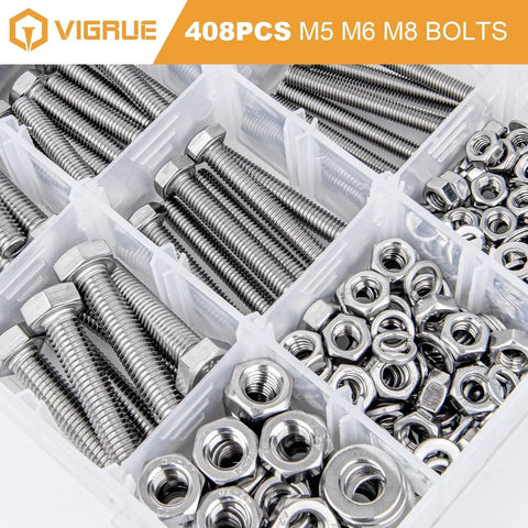 Durable 408-Piece 304 Stainless Steel Hex Metric Bolts Nuts And Washers Kit with M5 M6 M8 sizes in organized case