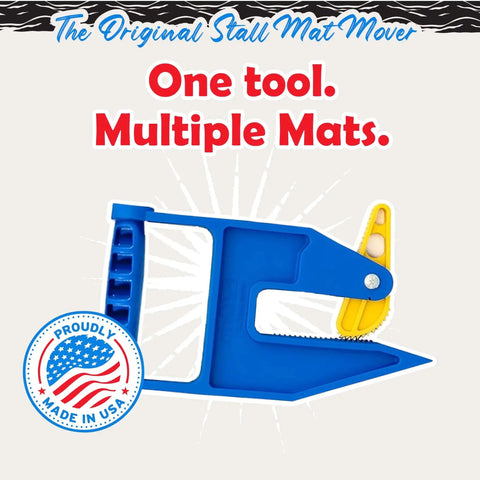Stall Mat Movers For Heavy Mats With Spring Lever Adjustable Grip Made In USA, blue handle with yellow lever on white background.