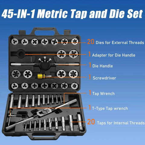 45 Piece Metric Tap And Die Set For Threading And Rethreading M6 To M25 With Wrenches Case And Extra Tools Including 20 Taps 20 Dies