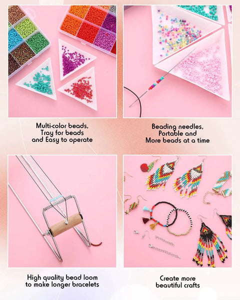 Bead Loom Kit For Adults With 48000 Glass Seed Beads In 96 Colors 2 Mm Plus Metal Loom Threads Needles Trays Buckles Chains Pendants Ear Hooks And Rings, showing triangle trays with multicolor beads, metal loom with threads, and finished jewelry pieces.