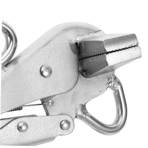 Close-up of wide duckbill jaw on Heavy Duty Adjustable Locking Steel Plate Clamp Pliers for auto body repair and welding.