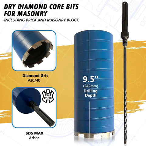 Image showing heavy duty pro grade 4 inch diamond core drill bit with 9.5 inch depth, 10mm segment height, SDS Max pilot bit adapter, 30 40 grit size for brick and block drilling.