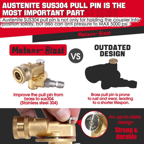 Meteor Blast pivoting pressure washer coupler, brass body with pull pin, 120° with 5 angles, 1/4 inch quick connect