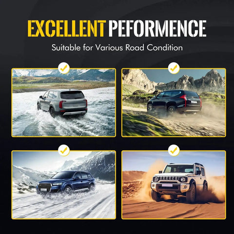 Four vehicles showcasing excellent performance in various road conditions, including water, rocky terrain, snow, and desert sand.