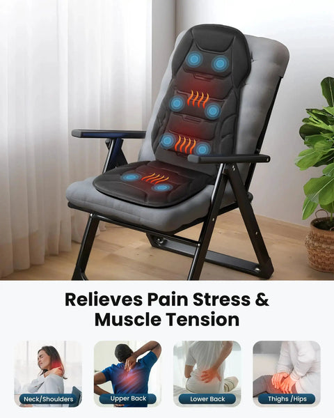 Back Massager With Heat And Vibration, Seat Cushion With 8 Massage Nodes And 5 Modes, shown on a chair in a home office setting