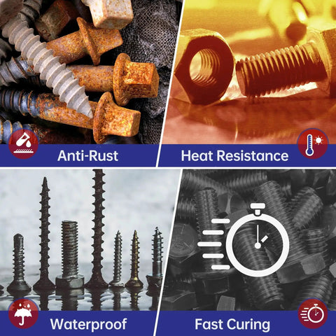 Various bolts and screws demonstrating anti-rust, heat resistance, waterproof features, and fast curing with Blue Thread Locker M243 Medium Strength.