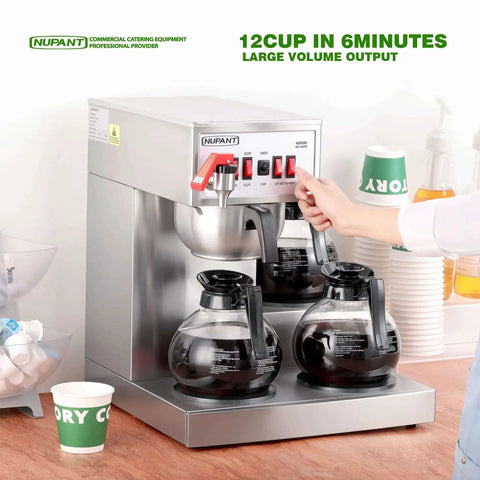 High Volume 12 Cup Auto Filling Drip Coffee Maker With Three Glass Carafes And Three Warmers Heavy Duty Stainless Steel Pour Over Brewer