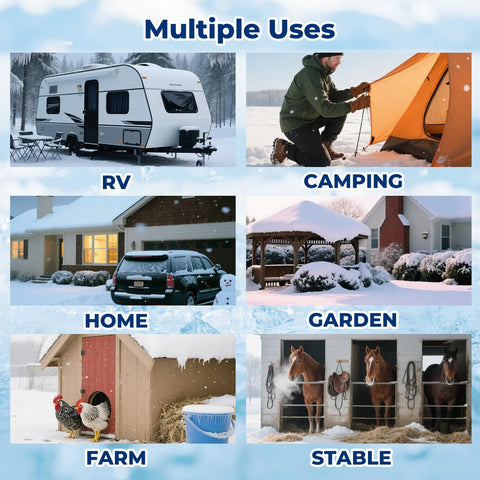 30-ft heated water hose for RVs; collage shows RV, camping tent, home, garden, farm, and stable uses.