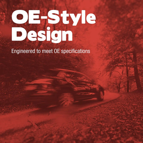 Image of a car driving through a forest with text overlay about OE-Style design for a smooth ride.