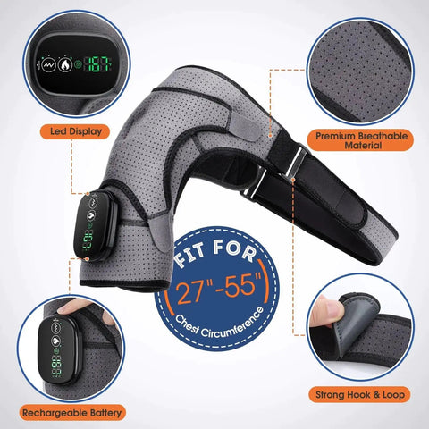 Cordless Shoulder Heating Pad With Vibration Massage showing LED display, breathable material, fits 27"-55" chest circumference.