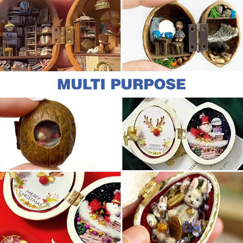 Creative miniature dioramas inside walnut shells, displaying various scenes and figures, highlighting multi-purpose design.