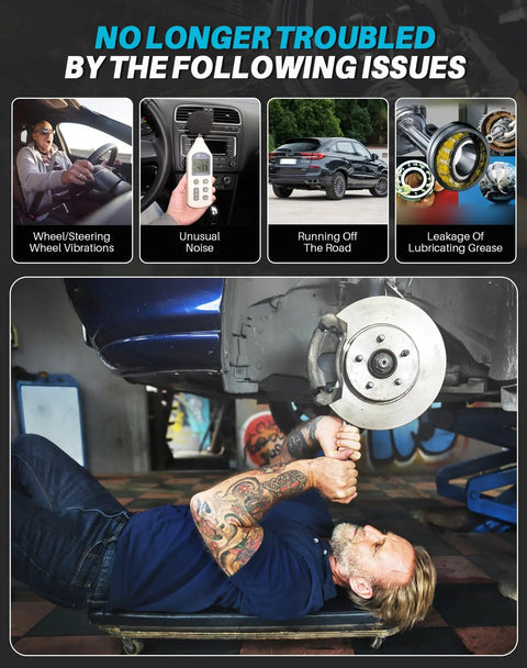 Mechanic installing rear wheel bearing hub assembly on car lift with brake rotor visible, addressing common vehicle issues.