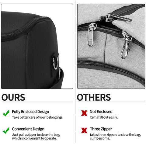 Comparison image of rolling garment bag with wheels showing fully enclosed, convenient design versus non-enclosed, cumbersome design