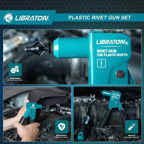 Lightweight 90 Degree Plastic Rivet Gun Kit With One Hand Riveter 40 Nylon Rivets Four Sizes Universal Nosepiece For Automotive