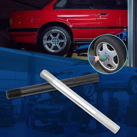 10 Piece Wheel Alignment Pin Set Heavy Duty Steel Alloy Wheel Hanger Guide Tool For Pros Universal Fit shown with car wheel