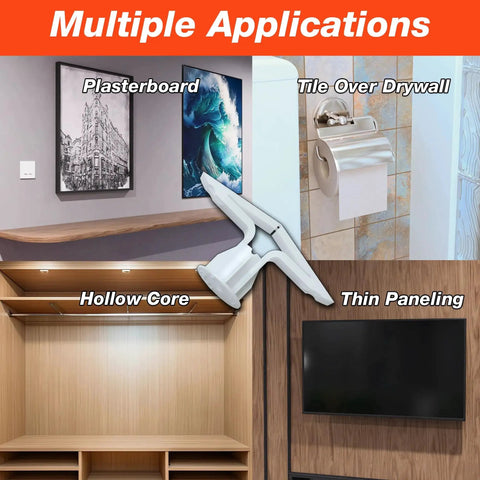 Commercial Drywall Anchor With Screws For Five Eighths To Three Quarters Inch Drywall, Polypropylene Construction, Made In USA shown in multiple applications including plasterboard, tile, hollow core, and paneling.