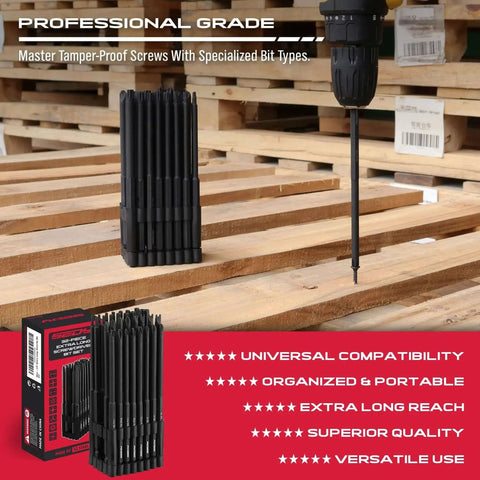 Extra Long Security Bit Set 32-Piece S2 Steel Screwdriver Drill Bits displayed on wooden pallets with hex shank and drill in use