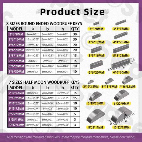 Diagram of Metric Woodruff Key Assortment Kit With 211 Pieces In 15 Sizes For Woodruff Semicircle Keys Half Moon Keys Keyways Shaft And Crank Keys Plus Parallel Drive Keys For Fasteners Mechanical Industry And Crankshaft Applications Swpeet, showing key sizes and dimensions.