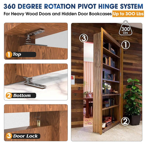 Image showing Hidden Pivot Hinges For Heavy Duty Wood Doors Up To 300 Lb Side Mount Invisible Door Hardware Stainless Steel Rustproof Ball Catch Kit For Secret Bookcase Doors And Hidden Closet Entry installed on a wooden bookcase door.