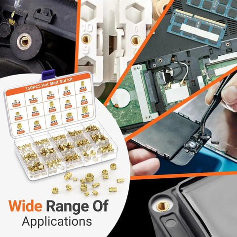 60W Soldering Iron Pro Grade Heat Set Insert Tip Kit With 350 Thread Inserts in open case showing inserts and components.
