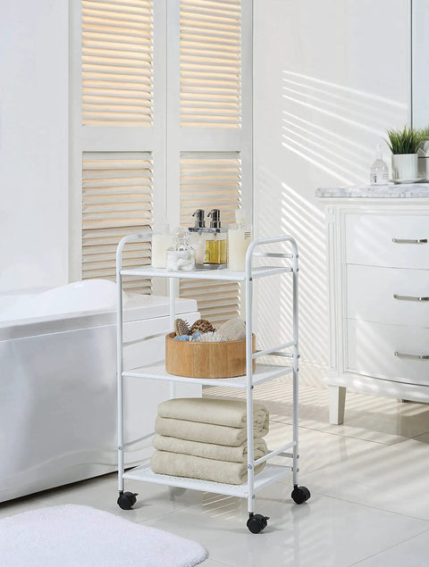 Three Tier Rolling Utility Cart With Metal Shelves On Wheels White Finish for kitchen office and home organization