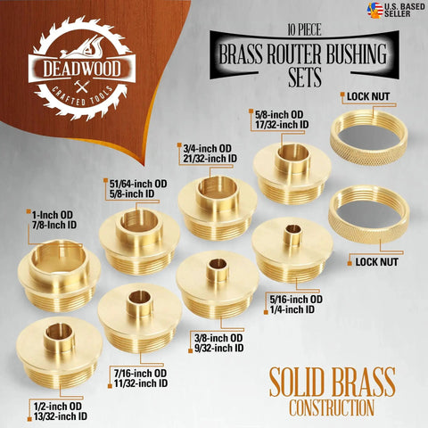 Brass Router Template Guides Bushing Set for Porter-Cable Style, 10-Piece with labeled bushing sizes and lock nuts