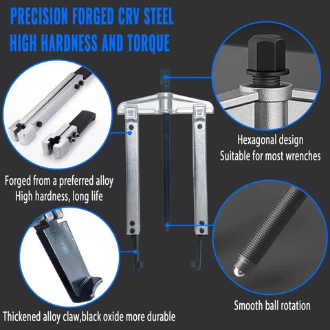 Image showing components of the 6 In 1 Gear Puller Set With 13 Pieces Including 2 Jaw And 3 Jaw Bearing Puller Kit Reversible Jaws Cr V Steel Heavy Duty Pulley Puller Tool For Quick, Easy Removal Of Pulleys Gears Bearings And Flywheels, highlighting the steel build, hexagonal design, and durable claw.