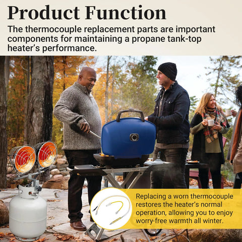 Blue propane tank-top heater with thermocouple safety on a table beside a propane cylinder; two orange heaters visible.