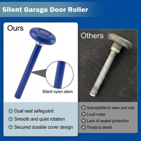 10 Pack 4 Inch Stem Blue Quiet Garage Door Rollers With Sealed End Cap Fits 2 Inch Track Seven Sixteenth Inch Stem Carbon Steel With Nylon Overmold And Reinforced Nylon Wheel For Smooth Low Vibration Operation shown in comparison with old roller