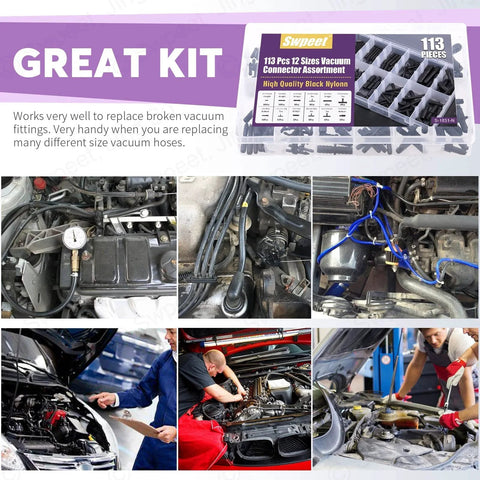 All In One 113 Piece Barbed Vacuum Connector Kit With Tee Connectors Reducers And Straight Hose Fittings For Replacing Vacuum Hoses In Cars Trucks Boats And Home Appliances Swpeet box and usage examples in vehicle repair