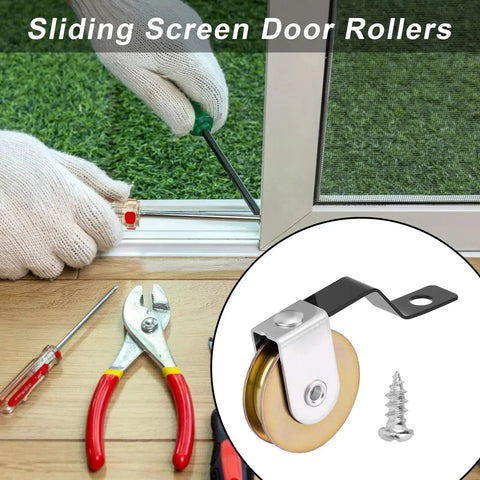 4 Pack Sliding Screen Door Rollers Replacement With 1 Inch Heavy Duty Tension Springs And Concave Steel Ball Bearings Fits Top And Bottom Wheels For B638 B687 B639 B756 Doors Includes Mounting Screws, shown with installation tools.