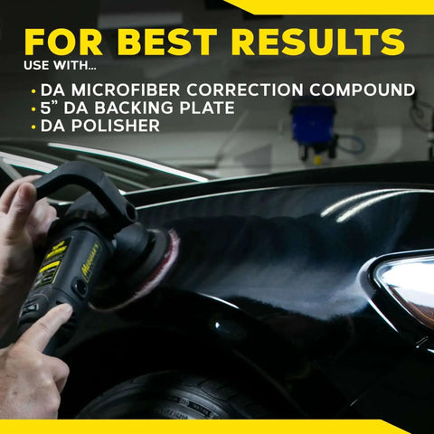 Person using DA 5 Inch Microfiber Cutting Disc Set For Dual Action Polisher That Takes Out Moderate Scratches Swirls And Paint Defects For Pro Level Car Detailing Pads 2 Pack on a car hood