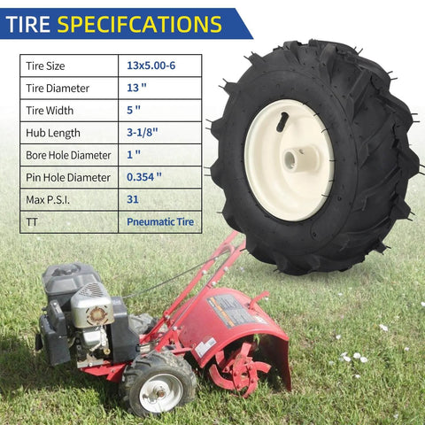 Replacement Tiller Tire And Wheel Set For 13x5-6 Size With 1 Inch Axle And 3 1/8 Inch Centered Hub Left And Right Wheels Included