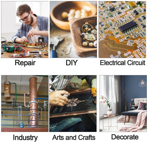Collage of repair, DIY, electrical circuit, industry, arts and crafts, and home decor projects and environments