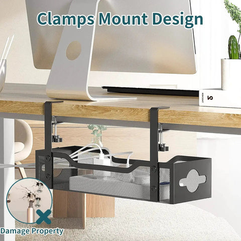 Under Desk Cable Management Tray No Drill Clamp Mount Metal Mesh 2 Hole Cable Tray installed under wooden desk with office setup