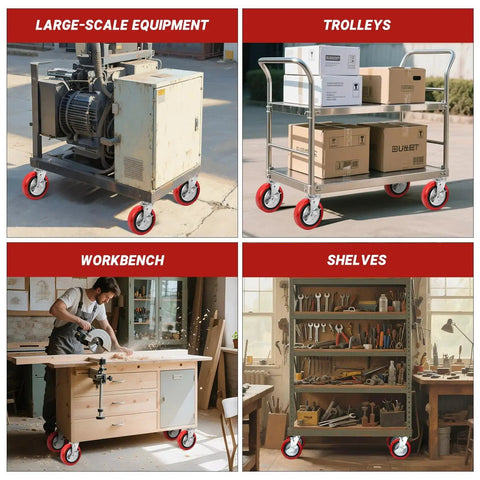 Various industrial handling setups with 8 Inch Polyurethane Caster Wheels including equipment, trolleys, workbench, and shelves.