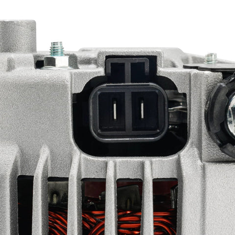 Close-up of Nissan Rogue 2008-2012 Beefed-Up High Amp Alternator Replacement, connector and housing detail.