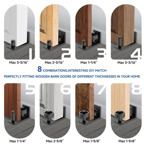 Sliding Barn Door Floor Guide Set, Wall Mount Stay Roller With 8 Setup Options, image showing 8 door thickness configurations.